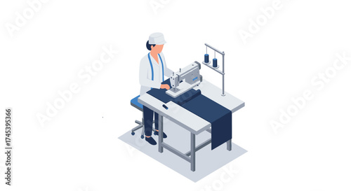 Worker sewing fabric on machine in modern isometric style