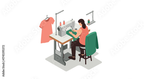 Isometric sewing workshop tailor working at sewing machine in fashion design studio