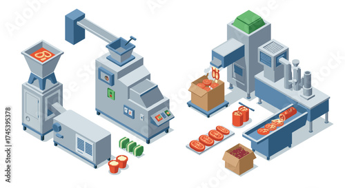 Automated food processing line with isometric machines in modern factory