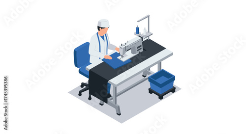 Seamstress working on sewing machine in isometric style workshop scene