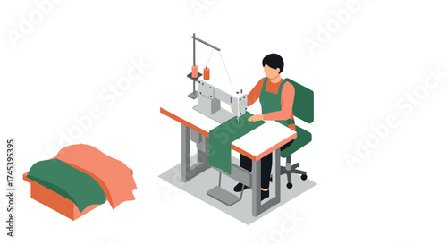 Sewing machine operator in isometric style working with fabrics at a tailor shop