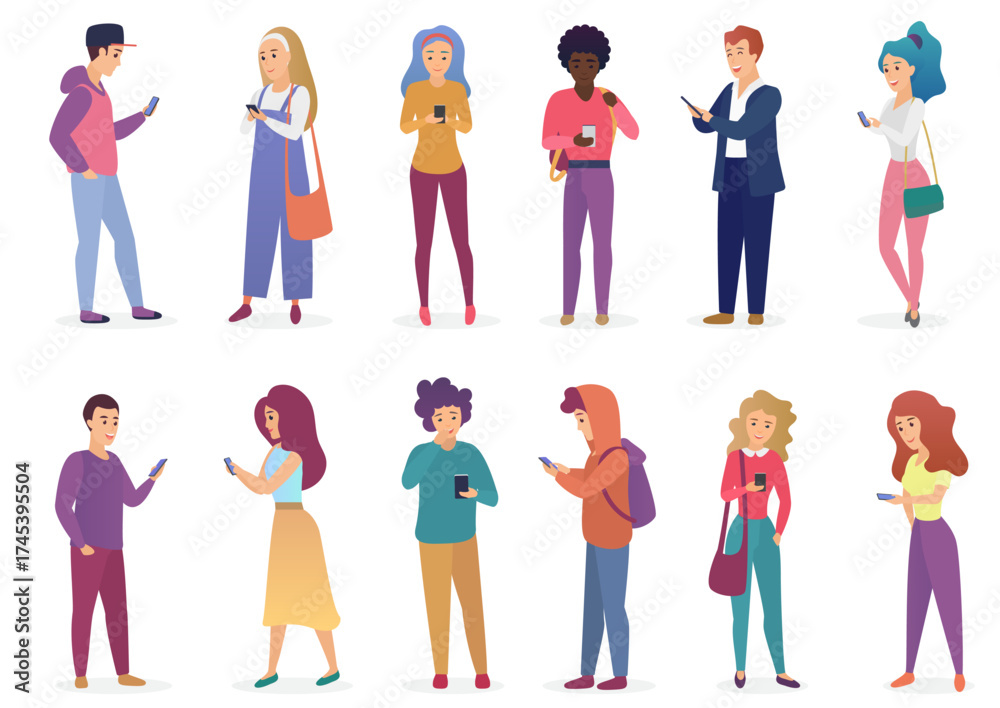Obraz premium Vector illustration of fashion people speaking phone, using smartphone flat vector illustration. Appearance of modern society, social concept