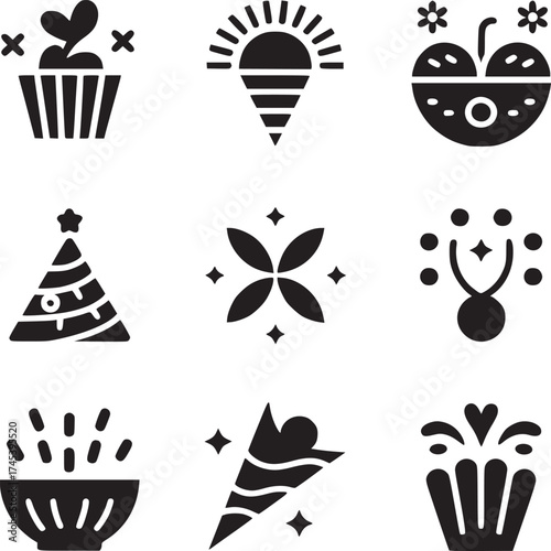 Nine black and white party celebration icons arranged in a three by three grid on a white background
