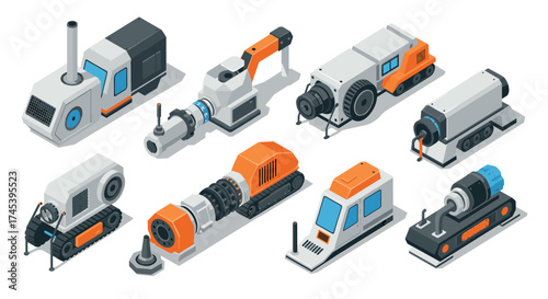 Isometric industrial machines 3d modern robotics and equipment collection