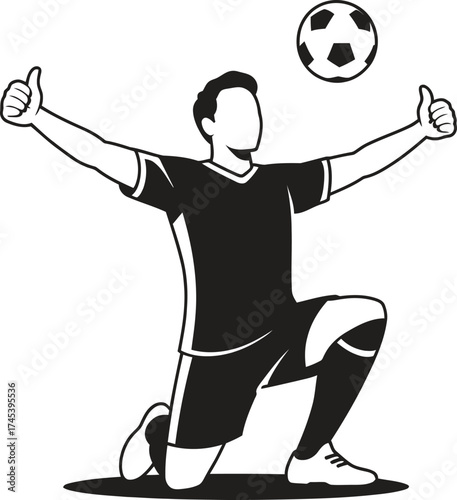 Soccer player celebrating victory while kneeling with ball overhead