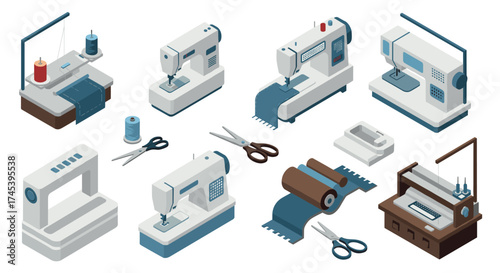 Isometric sewing machines and tools set for tailoring and dressmaking projects