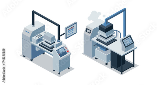 Industrial 3d printing machines in isometric design for modern manufacturing