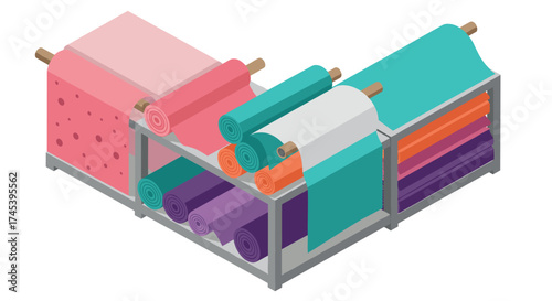 Colorful fabric rolls on metal shelves in isometric style for textile design and craft inspiration