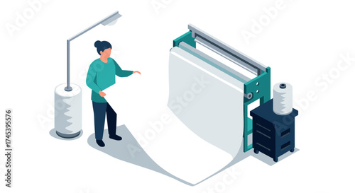 Isometric textile printing machine operator at work