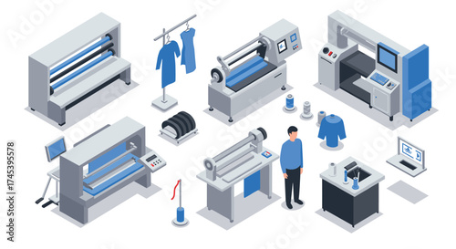 Modern textile manufacturing equipment in isometric style