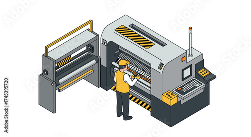 Isometric industrial printer machine with operator in factory setting
