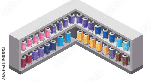 Isometric shelf with colorful threads in various shades and hues