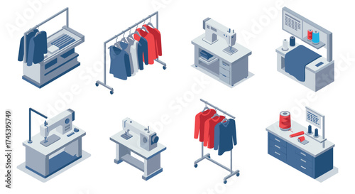 Isometric sewing and garment factory tools set with machines and clothing racks