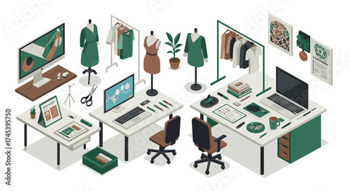 Modern fashion design studio workspace with computers and sewing equipment in isometric style