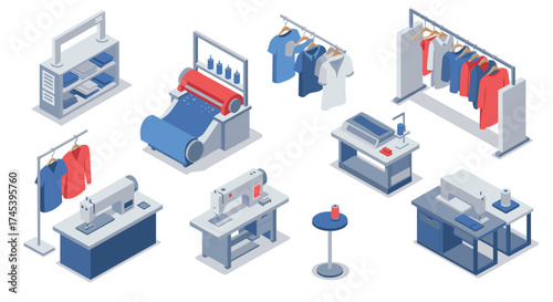 Isometric garment factory setup with sewing machines and clothing racks