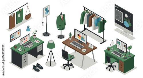 Modern office workspace with isometric design elements including desks and fashion displays