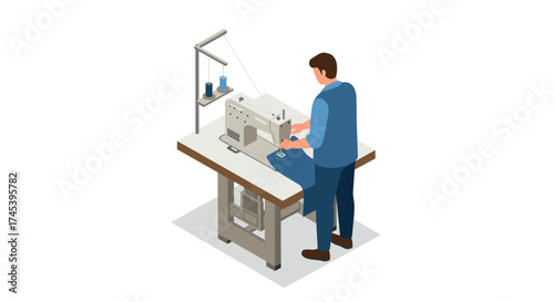 Isometric design of a tailor sewing fabric on a modern machine