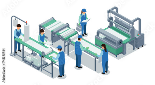 Isometric factory workers operating industrial printing machines in a modern production line