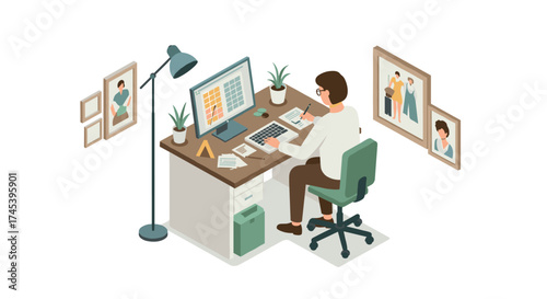 Isometric home office workspace man organizing documents on a desktop computer