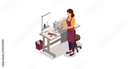 Isometric seamstress working at sewing table with tools and sewing machine