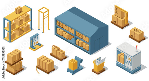 Warehouse equipment and carton packages in isometric style for logistics and storage solutions