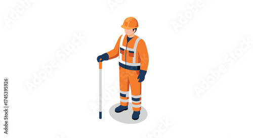 Construction worker in safety gear holding a pole in isometric style