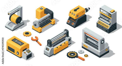 Isometric industrial machines set modern manufacturing equipment in yellow and gray