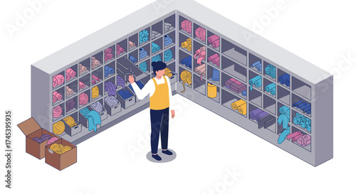 Isometric yarn store with customer choosing colorful knitting supplies