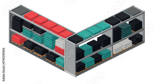Isometric clothing store shelves with folded apparel in various colors
