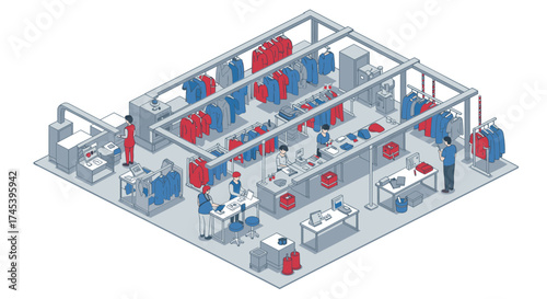 Isometric clothing factory modern apparel production process in detailed industrial layout