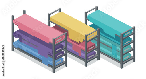 Colorful fabric rolls on metal shelves in isometric design