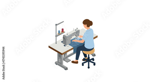 Seamstress operating sewing machine in minimalist workspace