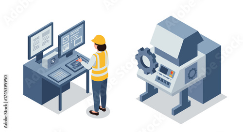 Engineer operating control system in modern factory environment with isometric industrial machinery