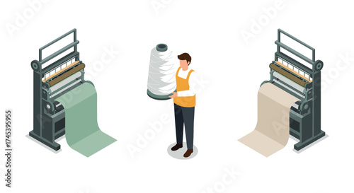 Textile manufacturing process with isometric machines and worker holding yarn spool