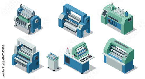 Isometric modern industrial printing machines set against white background