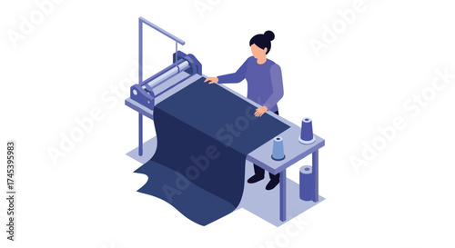 Seamless fabric creation isometric workshop featuring textile machine and tailor