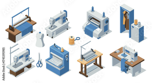 Isometric sewing machines and tools set for textile design and manufacturing