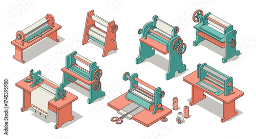 Vintage isometric printing press machines collection with rollers and spools