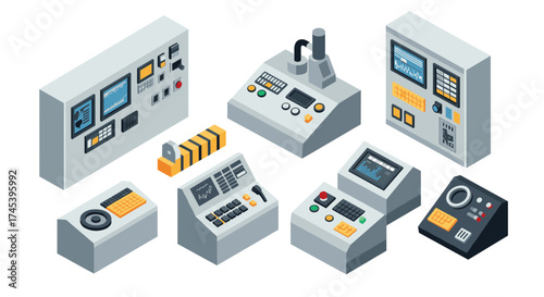Industrial control panels isometric set with modern technology interfaces