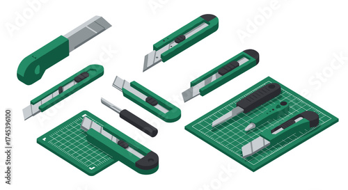 Isometric utility knives and cutting mat set with green and black handles