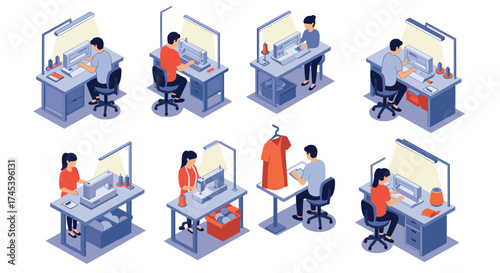 Isometric office scenes with diverse professionals engaged in work and creative tasks in modern workspaces