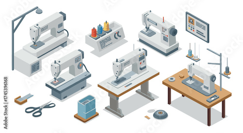 Modern sewing machines and tailoring tools in isometric style for creative studios