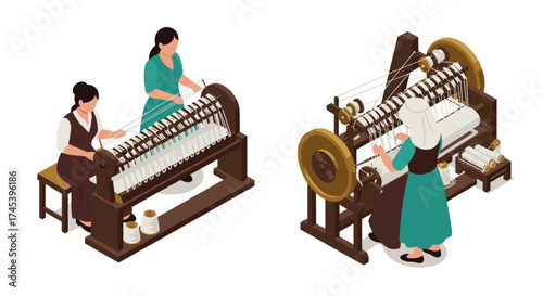 Women operating spinning wheels in traditional isometric design