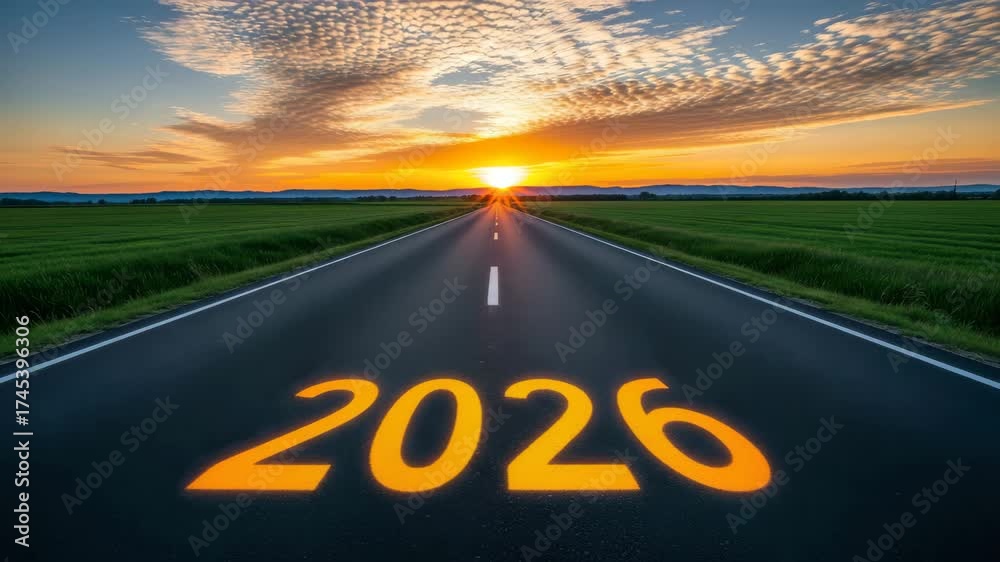 A straight road leading to the horizon at sunset, with the year 2026 ...