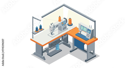 Isometric sewing workspace with equipment and sewing machine in a tailor workshop setting