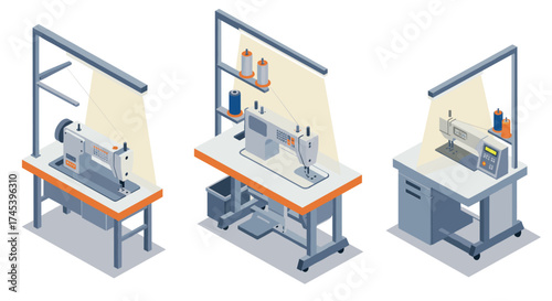 Isometric sewing machines in modern workshop setting