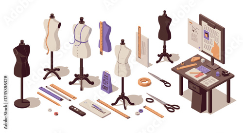 Isometric fashion design workspace with mannequins and sewing tools