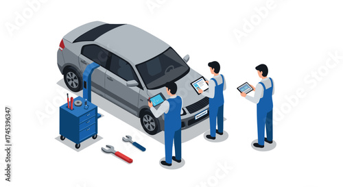 Isometric car inspection scene with mechanics using digital tablets