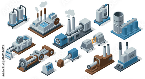 Industrial equipment collection in isometric view with smokestacks and machinery