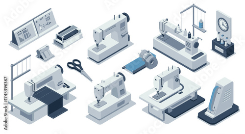 Isometric sewing equipment set machines, tools, and supplies for tailoring and crafting